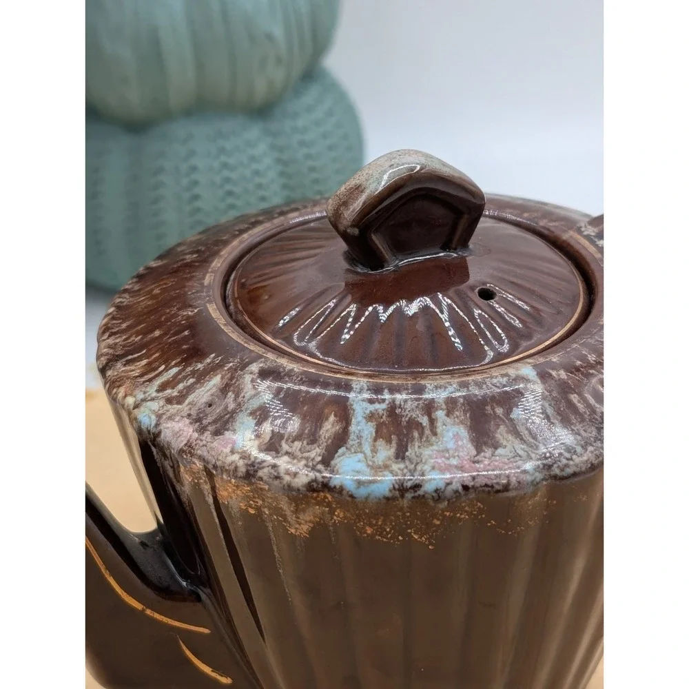 Vintage Mid Century Modern Drip Glaze Teapot Brown Ribbed Ceramic Tea Pot Japan